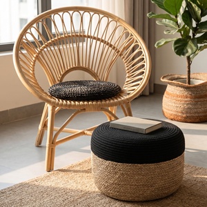Customizable Size Color Two-Tone Cotton Rope Seagrass Modern Craftsman Cylindrical Floor <b>Pouf</b> for Living Room Home Stool Ottoman - Product Image 5