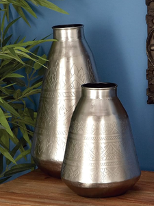Trending Silver Round Shaped Cylinder Metal Flower <b>Vases</b> <b>Set</b> of 2 Floor <b>Vases</b> Coastal Design Home Decor for Living Room Bedroom - Product Image 3