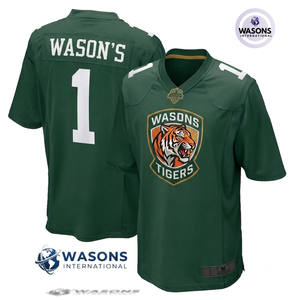 เสื้อฟุตบอลอเมริกันสีแดงสำหรับผู้ชาย WASONS INTERNATIONAL คอวี พิมพ์ลายแบบ Sublimated ระบายเหงื่อได้ดี แขนสั้น ทรงพอดีตัว - Product Image 2