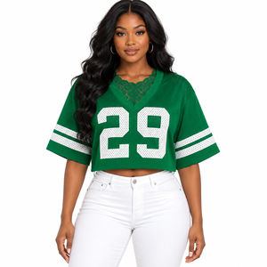 Wholesale Greek Iota Phi Lambda IPL Sorority Crop <b>Mesh</b> Jersey <b>Top</b> with Lace V-Neck | Streetwear Greek Paraphernalia T-shirt - Product Image 1