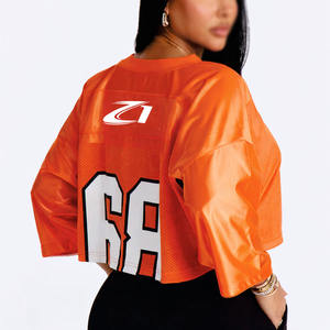Camiseta Deportiva Corta para Mujer, Color Naranja, Transpirable, Cuello Redondo, Estampado Personalizado, Estilo American Football, Corte Holgado, Fabricación OEM - Product Image 6