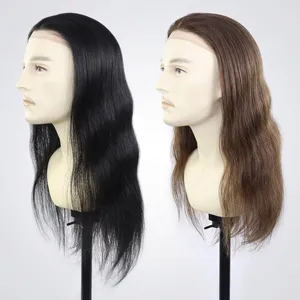 Prótesis Capilar Masculina de Cabello Humano Largo, Sistema de Reemplazo Capilar 8x10 Pulgadas Q6, Encaje Francés PU, Negro Marrón, Liso - Product Image 4