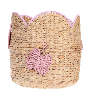 Handwoven Water Hyacinth <b>Basket</b> With Pink Butterfly Design Scallop Edge Nursery <b>Storage</b> <b>Basket</b> For Kid Room Or <b>Toy</b> Organizer - Product Image 1