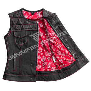 Gilet de moto décontracté personnalisé en cuir et toile, fabricant OEM, vente en gros, équipement de moto sans manches pour femmes, fournisseur - Product Image 2
