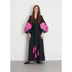 Women Black Cotton Maxi <b>Dress</b> V Neck Balloon Sleeve Pink Embroidery Tassel Detail <b>Boho</b> Long <b>Dress</b> - Product Image 3