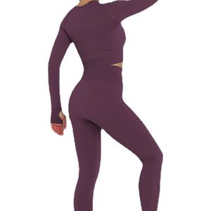 Solid Color Ribbed Gym Set Long Sleeve <b>Crop</b> <b>Top</b> High Waist Seamless Yoga Set Wine <b>Red</b> - Product Image 2