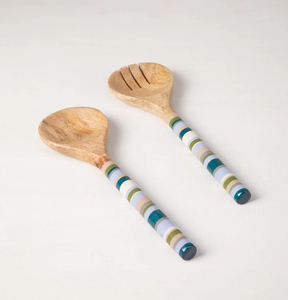 Cuillère/Fourchette en bois émaillé avec manche à carreaux bleus, design minimaliste, cuillère imprimée pour servir la salade - Product Image 3