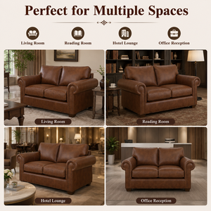 Genuine Leather Two Seat <b>Sofa</b> Bed Rolled Arms Nailhead Trim for Office Hotel Villa Park Cozy traditional living room setup - Product Image 6