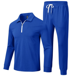 Survêtement bleu pour homme à demi-zip et manches longues avec pantalon à cordon de serrage, en polyester respirant, décontracté, pour l'automne, couleur unie, longueur intégrale - Product Image 5
