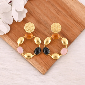 Designer Citrine Hydro & <b>Black</b> Onyx & Rose Chalcedony <b>Dangle</b> <b>Earrings</b> Handmade Fashion Jewelry for Women Brass Gold Plated - Product Image 4