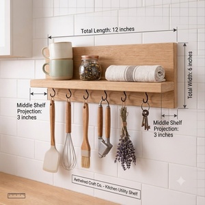 Étagère de rangement murale moderne et écologique à 2 niveaux avec 6 crochets, en bois noir, pour épices, ustensiles et décoration intérieure - Product Image 2