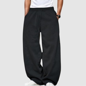 Pantalon de survêtement en molleton épais noir jais pour homme, coupe ample, taille mi-haute, devant plat, vente en gros - Product Image 3