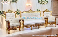 Canapé et chaises de scène de mariage musulman Nikkah, thème marocain, ensemble de canapés de scène de mariage en bois de teck moderne, léger, doré poli et sculpté