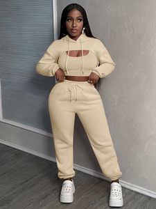 Conjunto de Dos Piezas Personalizado para Mujer: Sudadera con Capucha Corta de Algodón y Pantalones, Estilo Casual Deportivo Urbano, Corte Holgado - Product Image 3