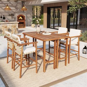 Conjunto de Bar para Exteriores de 6 Piezas, Muebles de Patio de Madera de Acacia, 2 Mesas Altas de Bar y 4 Taburetes con Cojines para Uso en el Patio Trasero - Product Image 2