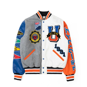 Chaqueta Varsity para Hombre, Gris y Blanca, con Mangas de Cuero PU, Parches Bordados, Estilo Preppy, Cuello Camisero, Corte Regular, Otoño - Product Image 1