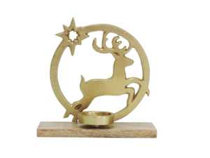 Porte-bougie artisanal en aluminium avec rennes et étoiles dorés, base en bois, décoration de table de Noël festive, ornement de fête, centre de table - Product Image 2