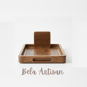 Mango Wood Engraved Geometric Serving Tray Coaster Set <b>Coffee</b> <b>Table</b> Handcrafted Walnut Finish Biodegradable Modern Luxury Party - Product Image 2