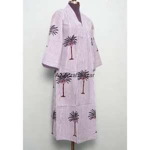 Vestido de algodón con estampado floral hecho a mano, vestido de manga tres cuartos, vestido largo de algodón con cuello en V, vestido largo de algodón para verano. - Product Image 5