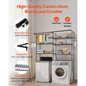 Estante de almacenamiento ajustable para lavadora y secadora de 6 niveles, estante de secado negro para lavandería con ganchos para varilla de suspensión, sistema de almacenamiento para ahorrar espacio - Product Image 6