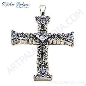 Trendy Ethnic Work Pendentif croix en argent fin avec pierre précieuse améthyste - Product Image 1
