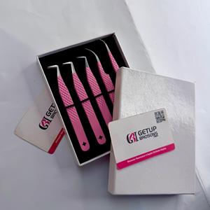 GETUP BROSONS IMPEX Light <b>Pink</b> Powder Coating Silver Glitter Diamond Grip Curved Stainless Steel Smooth Tip Eyelash Tweezers - Product Image 3