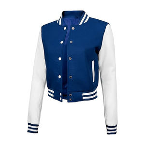 Women Slim Fit Crop Bomber Jacket Contrast Sleeve Short Length Game Day Letterman Jacket - Product Image 4