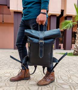 Genuine Leather <b>Roll</b> Top <b>Backpack</b> Mens Office Bag Waterproof Cowhide Travel Rucksack Handcrafted Quality LTBP-0075 - Product Image 3