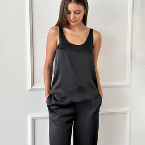 2026 New Black Satin Halter Top Trousers Comfortable Loose Home Wear Women Simple Casual Pajamas Spring <b>Machine</b> Embroidery - Product Image 1