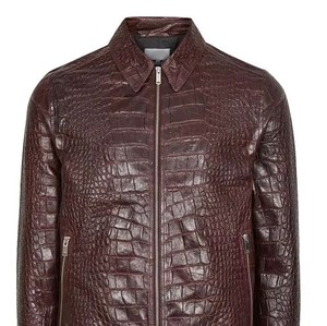 Chaqueta de Cuero Genuino con Grabado de Cocodrilo para Hombre, Cuello Alto, Cierre Frontal con Cremallera, Transpirable, Estilo Motero, Corte Regular para Invierno - Product Image 1