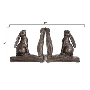 Ensemble de 2 serre-livres en métal en forme de lapin, figurines d'animaux rustiques, décoration pour salon, présentoir de table, 6x12 pouces, fait à la main - Product Image 1