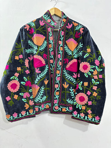 <b>Top</b> Trendy Black Suzani Embroidery Velvet Jacket Traditional Winter Short <b>Coat</b> Festival Outerwear Warm Bohemian for Women - Product Image 2
