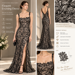 Tela de Encaje de Malla Bordada Negra con Patrón Floral para Vestidos de Noche Elegantes, Vestidos de Novia y Prendas de Diseñador de Moda - Product Image 6