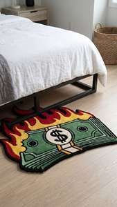 Tapis d'intérieur antidérapant en laine tuftée à la main, motif flamme de billets de banque, unique, pour salon, chambre à coucher, salle de jeux - Product Image 6