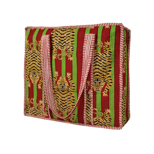 Handmade canvas Print Tiger Striped <b>Tote</b> <b>Bag</b> with <b>zip</b> - Red & Green - Product Image 3