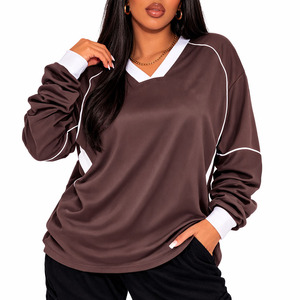 Maillot de football américain oversize marron en maille pour femme, manches longues, respirant, en polyester, style streetwear, avec empiècements contrastants, marque privée - Product Image 2
