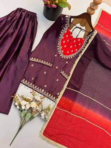 Traditional <b>Indian</b> Pakistani Women's <b>Kurta</b> Set Floor Length Loose Fit Polyester Party Wear Dark Brown Embroidered Detail - Product Image 4
