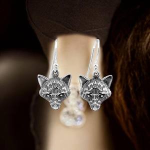 Boucles d'oreilles pendantes en argent sterling tête de renard, faites à la main, plaquées oxyde, style vintage tribal artistique bohème, certifiées, pour soirée - Product Image 4