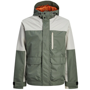 Chaqueta Acolchada Impermeable con Capucha para Hombre, Diseño Color Block, Corte Regular, Verde Gris, Recubrimiento de PU, Estilo Casual para Exteriores, Cierre de Cremallera - Product Image 1