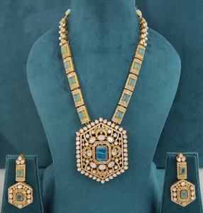 Conjunto de collar largo de latón con piedras dobles de moissanita Polki, diseño hermoso, estilo real, perfecto para fiestas y ocasiones festivas. - Product Image 1