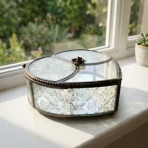 Artisan Design Heart-Shaped Glass Jewelry <b>Box</b> <b>Floral</b> Pattern Metal Frame Decorative Storage Organizer for Necklaces Rings Model - Product Image 4