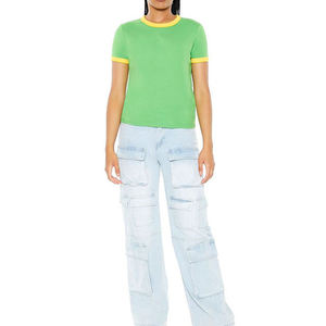 T-shirt court vert à col rond et manches courtes pour femme, couleur unie, décontracté, en jersey tricoté 100% coton, coupe classique, printemps-été - Product Image 1
