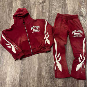 Conjunto de Sudadera con Capucha y Pantalones Deportivos Personalizados para Hombre, Bordado, Apliques, Efecto Desgastado, Cierre de Cremallera, Estilo Holgado, Efecto Desteñido por el Sol, Pantalones Acampanados - Product Image 4
