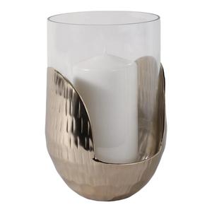 Porte-bougie en verre de luxe en laiton à l'aspect tressé, avec base métallique découpée en forme de tulipe et design Hurricane - Product Image 1