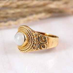 Handmade Botanical Moonstone <b>Statement</b> <b>Ring</b> 14K Gold Plated Brass Boho Hippie Style Nature Inspired Leaf Band Delicate Blue <b>Ring</b> - Product Image 3