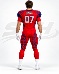 Uniforme de football américain personnalisé rouge et bleu pour hommes, maillot sublimé à imprimé léopard avec pantalon de match assorti, numéro d'équipe personnalisé - Product Image 6