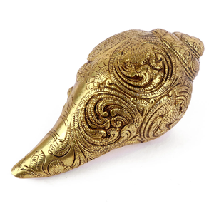 Exquisite brass conch shell studded with colorful green stone <b>mosaic</b> work for home temple decor, available at wholesale prices. - Product Image 2