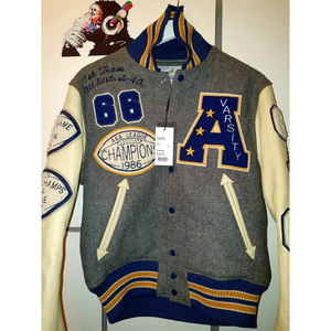 Blouson universitaire homme bleu marine en laine peignée avec lettres brodées et écussons de baseball, imperméable, respirant, écologique, col rond, coupe classique - Product Image 4