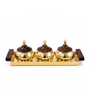 Luxury Hammered Metal Dry Fruit <b>Bowl</b> Set Of 3 <b>With</b> Tray Gold Metal Date And Nut <b>Serving</b> Jars <b>With</b> Wooden <b>Lid</b> Tableware - Product Image 1