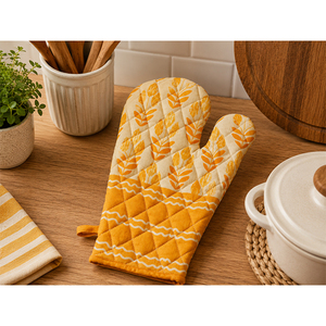 Premium Cotton Quilted Oven Mitten with <b>Botanical</b> Leaf <b>Print</b> & Orange Pattern Heat Resistant Kitchen Glove for Cooking & Baking - Product Image 1